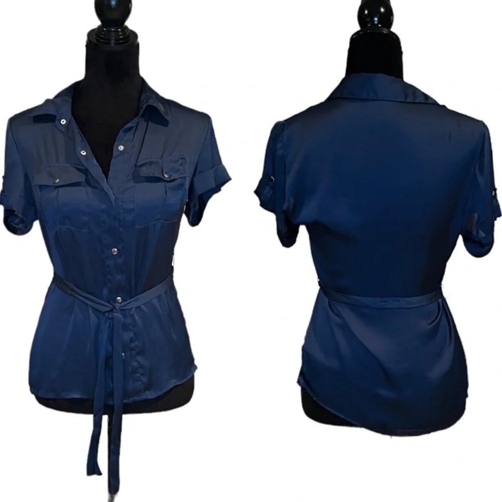21 Slate blue satin feel snap front Top with belt Women's Button-Up Blouse - Picture 5 of 7